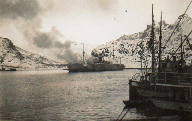 Lofoton raid. The Hamburg ablaze, set alight by her own crew