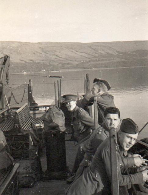 No 4 Cdo officers , Pat Porteous, E.L.K.A. 'Knyvet' Carr, Bill Boucher-Myers, Peter Mercer-Wilson, HMS Royal Scotman, Inverary.