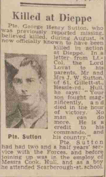 Newspaper report about Private G.H. Sutton