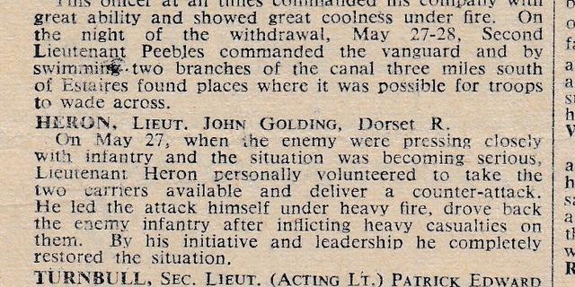 Newspaper report on the award for Lt. John Heron 1940