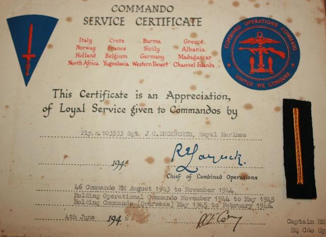 Commando Service Certificate for Sgt Duckworth 46RM Cdo