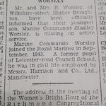 Newspaper cutting about Stan Worsley 45RM Cdo missing in action