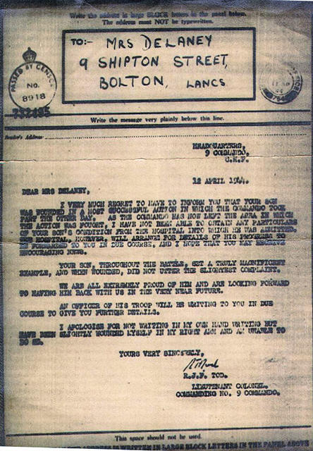 Letter re injury to William Delaney from Lt Col Tod. No.9 Commando.