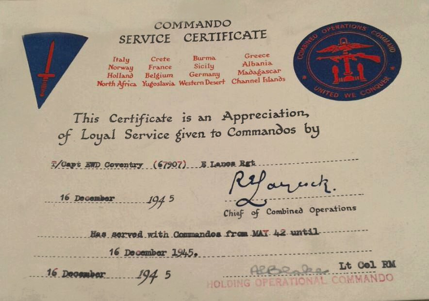 E W Dudley Coventry's Certificate of Commando Service.