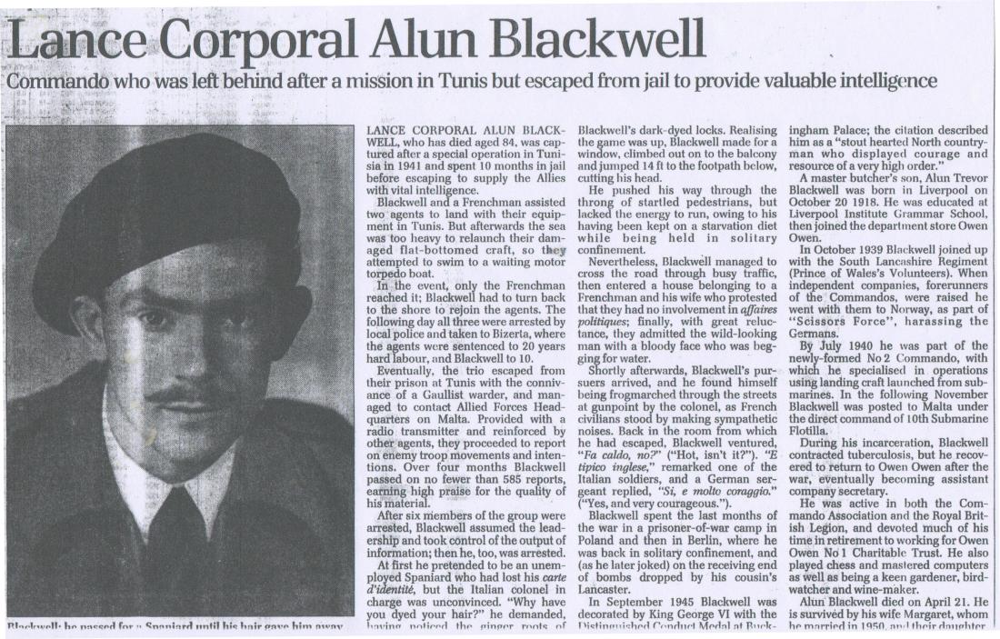 Obituary for Alun Blackwell DCM, No.2 Commando