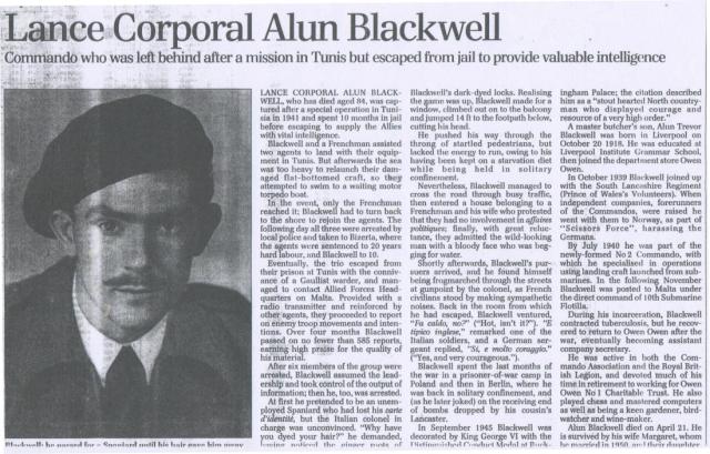Obituary for Alun Blackwell DCM, No.2 Commando
