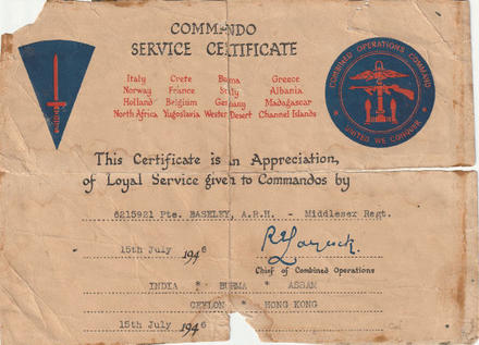 Commando Service Certificate for Pte. Baseley