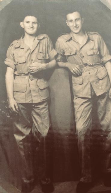 Pte Enoch Sheard (left), No.2 Commando, and another