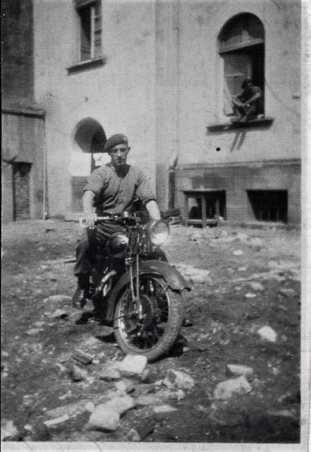 J MacGregor on motorcycle, 'A' Troop, 30 Assault Unit