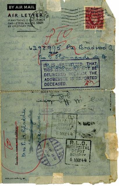 Letter sent to Pte Alan Bradford from his sister Molly. Returned as Deceased