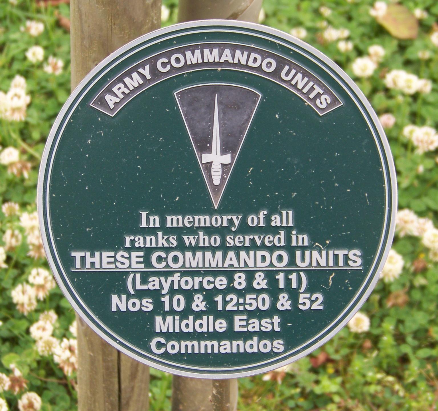 Nos 8, 10, 11, 12, 50 & 52 (ME) Commandos Memorial Plaque at Alrewas