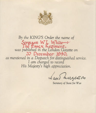 Mention in Despatches for Sgt. W.L. White