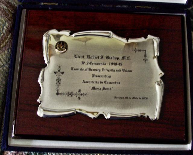 Plaque presented to Lt Bob Bishop MC