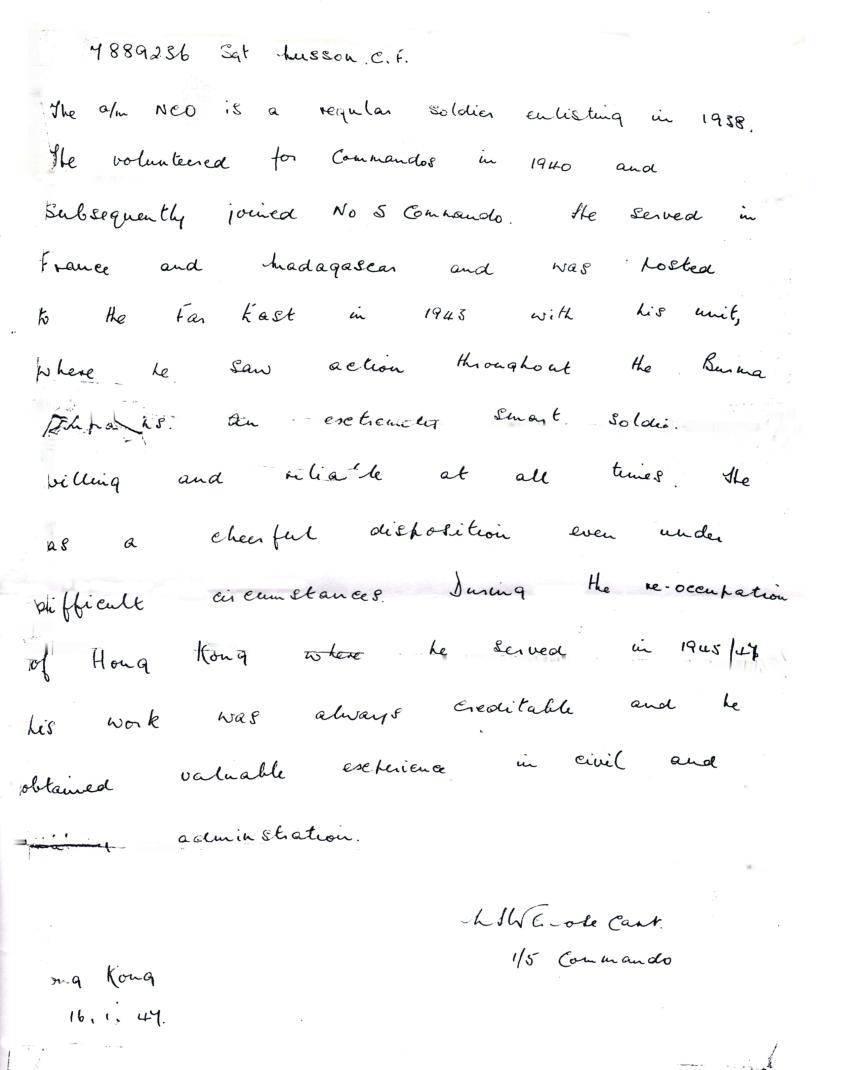Testimonial for Sgt Musson No.5 and 1/5 Commando