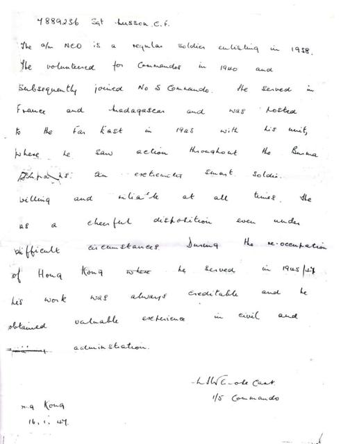 Testimonial for Sgt Musson No.5 and 1/5 Commando
