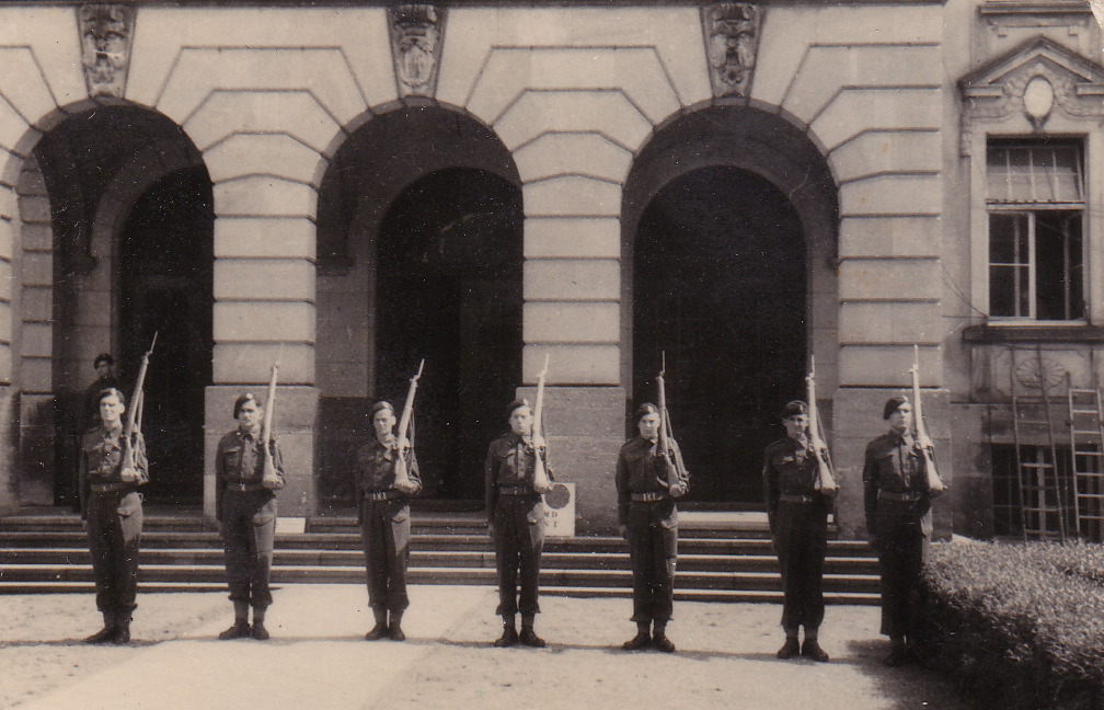 Eutin Germany, 45RM Cdo. 'E' Tp guard duty o/s HQ (with names)