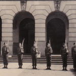 Eutin Germany, 45RM Cdo. 'E' Tp guard duty o/s HQ (with names)