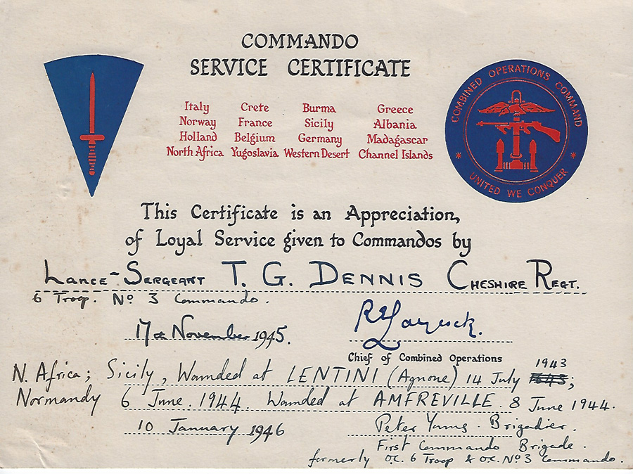 Commando Service Certificate for LSgt Thomas Dennis 6 tp No. 3 Cdo.