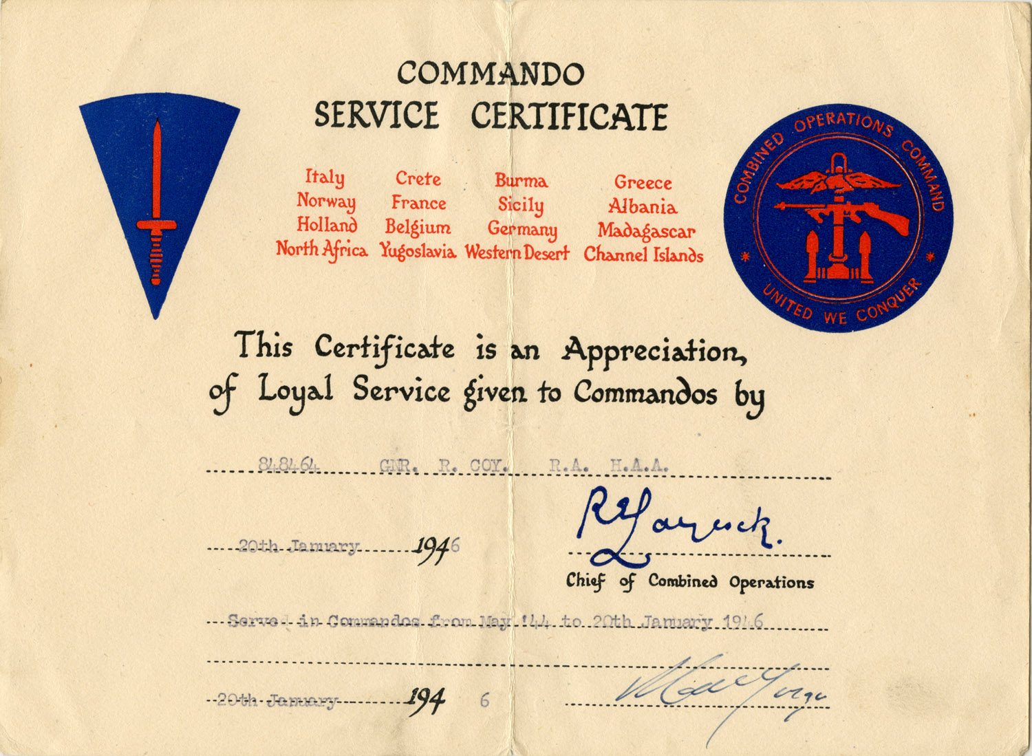 Reg Coy, Commando Service Certificate