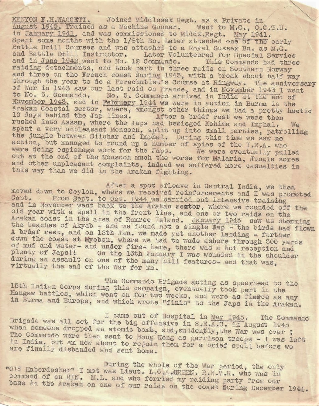 Précis of Ken Waggett's Service