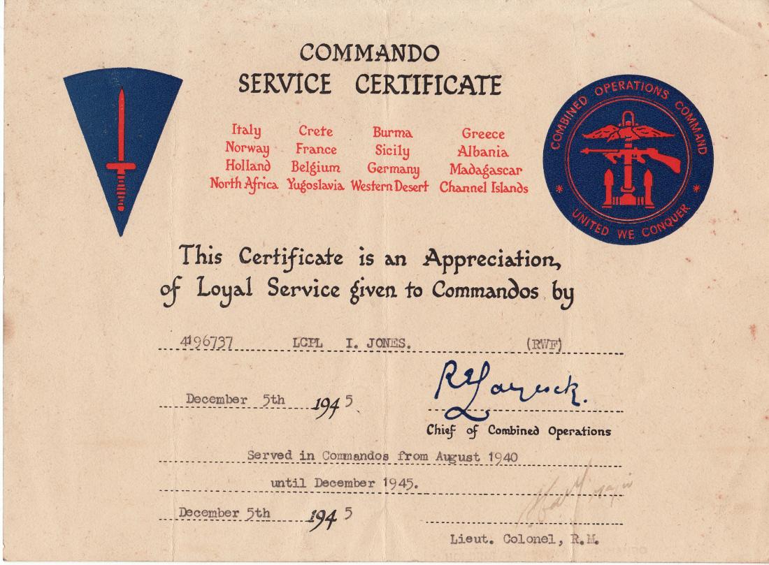 Idris Jones Commando Service Certificate
