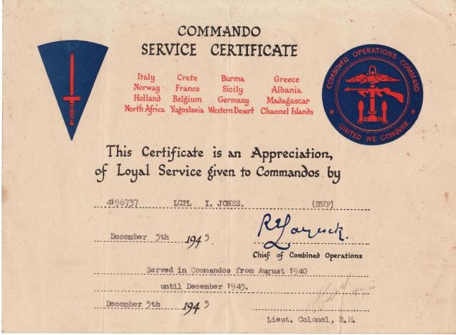 Idris Jones Commando Service Certificate