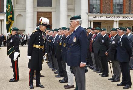 General Sir Adrian Bradshaw, KCB, OBE, Governor of The RH Chelsea, inspects the Commando Veterans.
