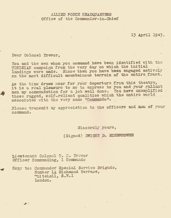 Letter to Lt Col. Tom Trevor, CO No.1 Cdo, from Dwight Eisenhower, 15 Apr '43