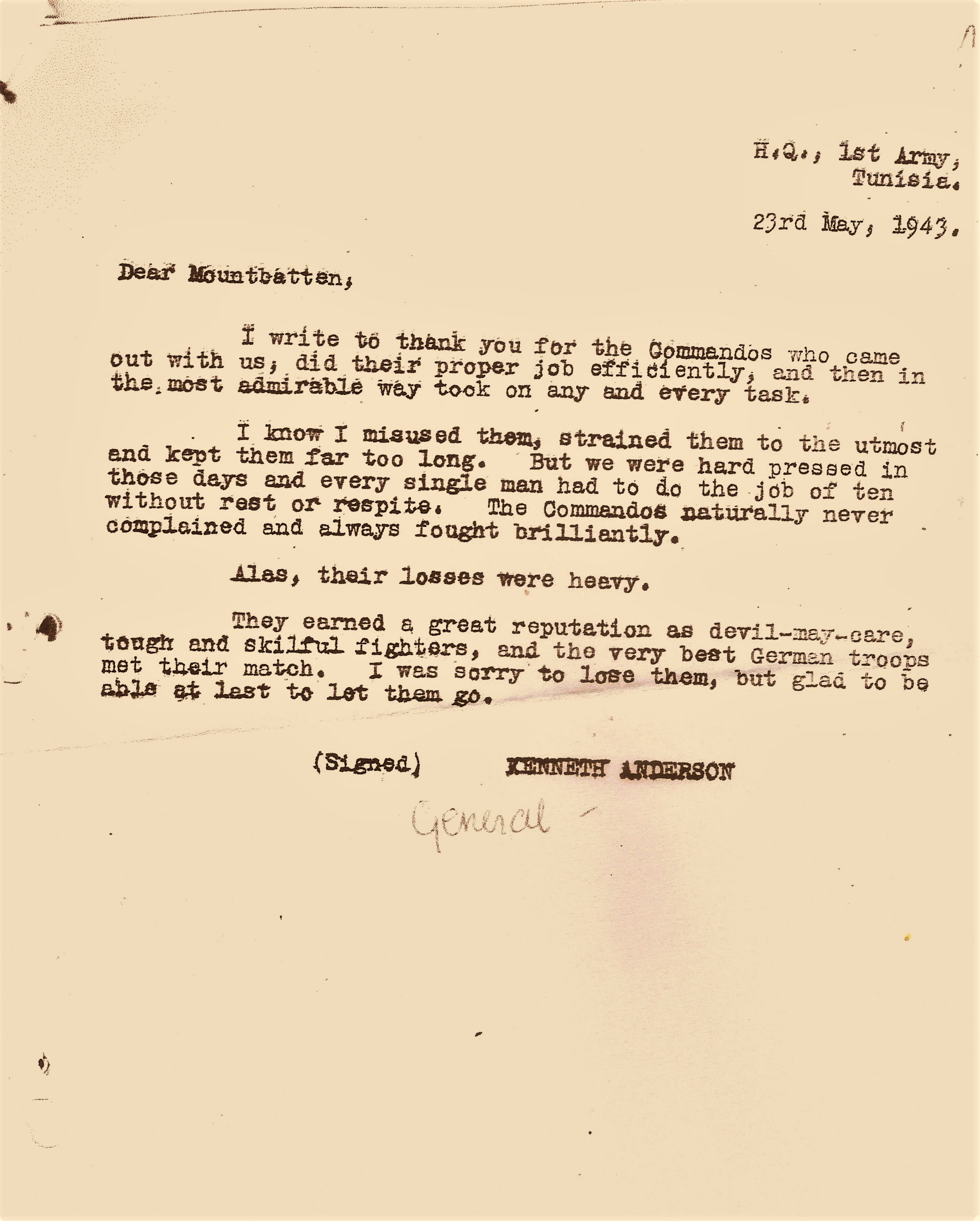 Letter to Lord Mountbatten, CCO, from Gen. Kenneth Anderson, HQ 1st Army, 23 May '43