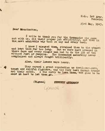 Letter to Lord Mountbatten, CCO, from Gen. Kenneth Anderson, HQ 1st Army, 23 May '43