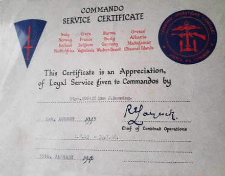 Commando Service Certificate for Mne. John Rumming 48RM Cdo.