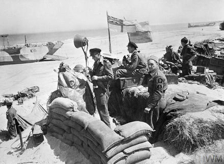 Royal Navy Beachmaster's HQ on the beach near Courseulles, Normandy, 13 June 1944.