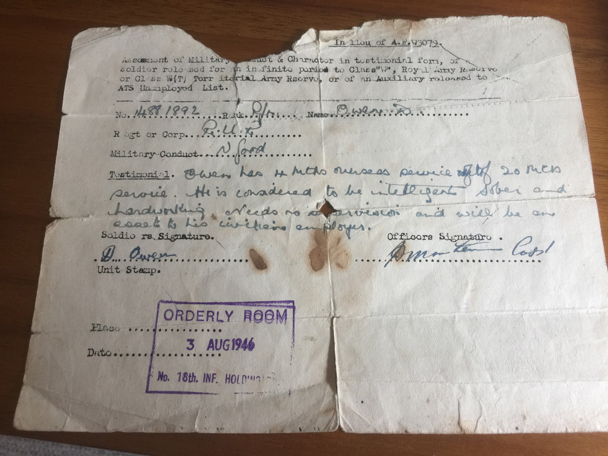 Service document for Rfn. Donald Owen