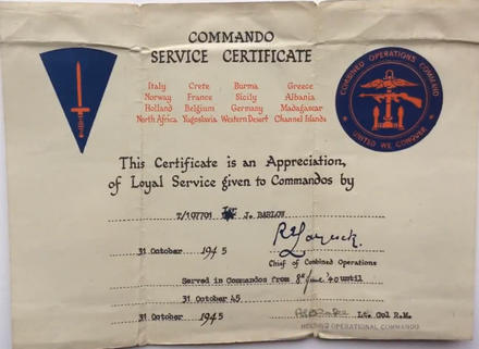 Commando Service Certificate Tpr. J.D. Barlow No.3 Cdo.