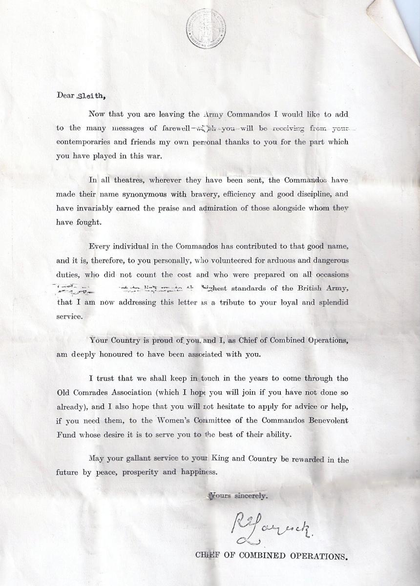 Laycock letter to Tommy (paddy) Sleith  No.9 Commando