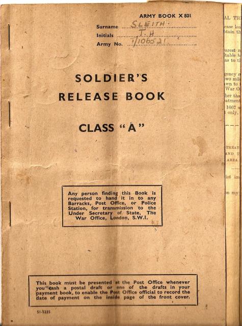 Class A Release Book for Tommy 'Paddy' Sleith, No.9 Commando