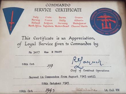 Commando Service Certificate for Mne H.W. Pratt