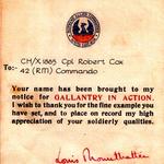 Cpl. Robert Cox 42RM Cdo., certificate of gallantry