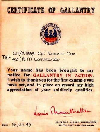 Cpl. Robert Cox 42RM Cdo., certificate of gallantry