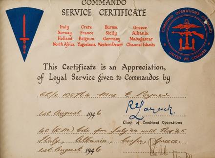 Commando Service Certificate for Mne. Poyner 40RM Commando