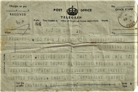 Telegram to family reporting Marine Waygood 47RM Cdo., missing