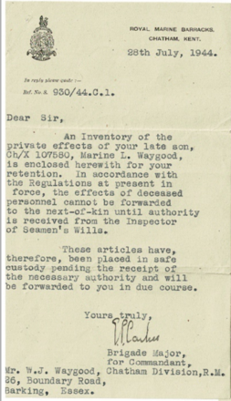 Letter to family re possessions of Mne. Leonard Waygood