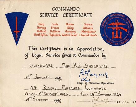 Commando Service Certificate for Mne R.C. Haverson 44RM Cdo.