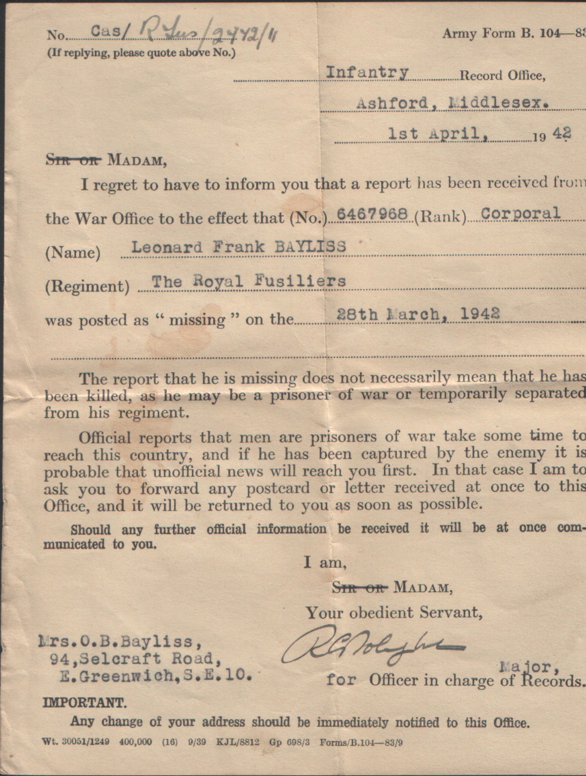 Letter reporting LSgt Len Bayliss No.2 Cdo as missing St Nazaire