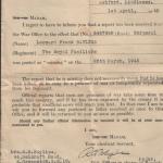 Letter reporting LSgt Len Bayliss No.2 Cdo as missing St Nazaire