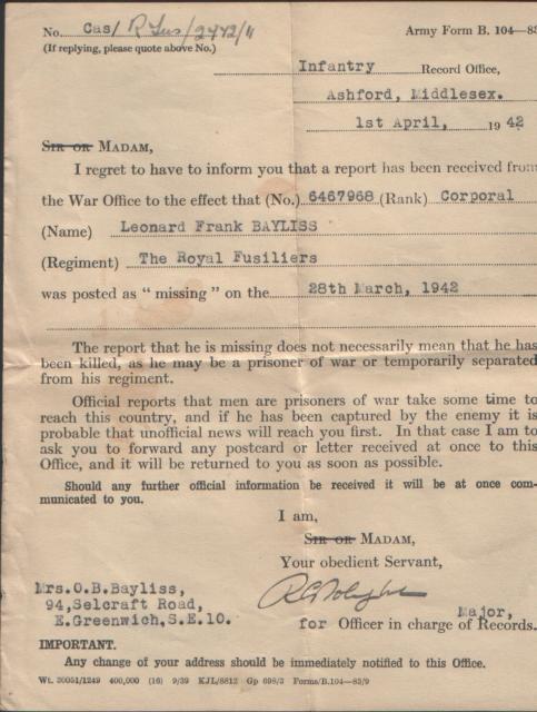 Letter reporting LSgt Len Bayliss No.2 Cdo as missing St Nazaire