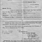 Letter reporting Len Bayliss as a prisoner of war.