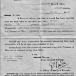 Letter reporting LSgt Len Bayliss No.2 Cdo as POW St Nazaire