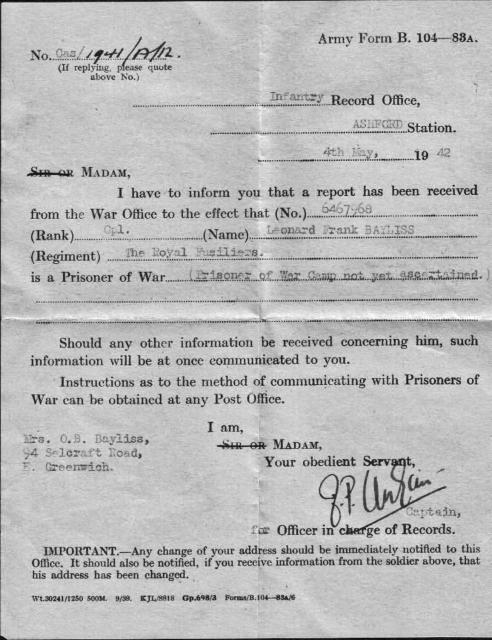 Letter reporting LSgt Len Bayliss No.2 Cdo as POW St Nazaire