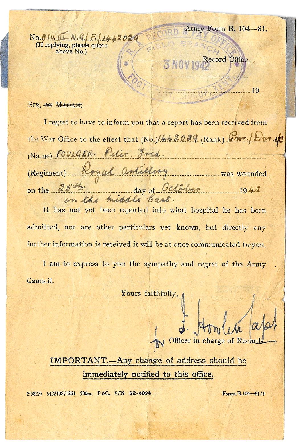Letter re wounding of Peter Foulger 65 Anti Tank Regt